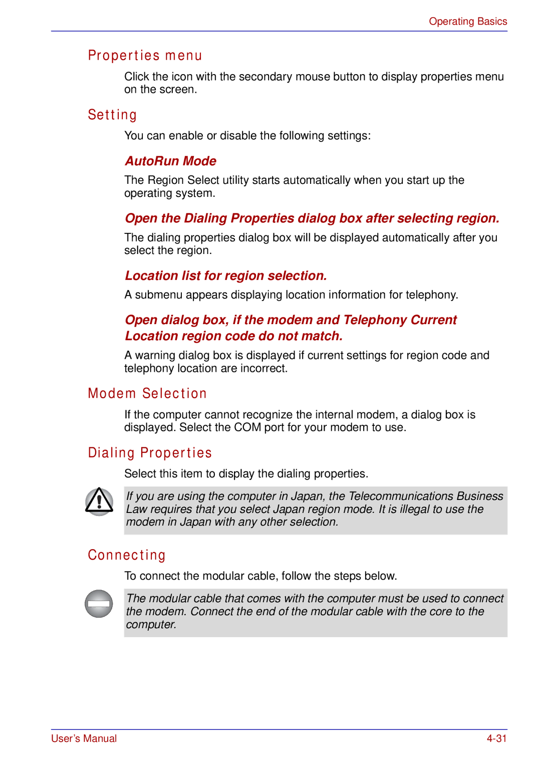 Toshiba tecra s3 manual Properties menu, Setting, Modem Selection, Dialing Properties, Connecting 