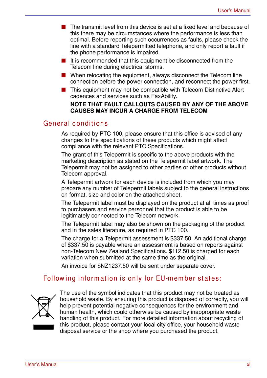 Toshiba tecra s3 manual General conditions, Following information is only for EU-member states 