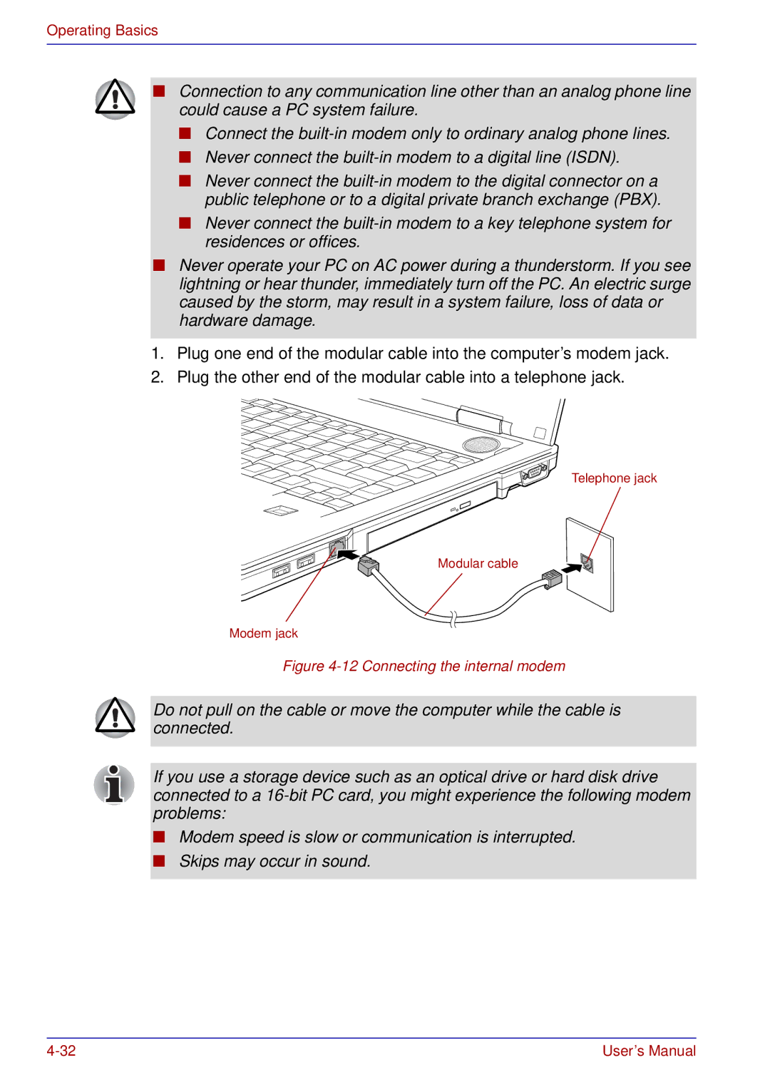 Toshiba tecra s3 manual Connecting the internal modem 