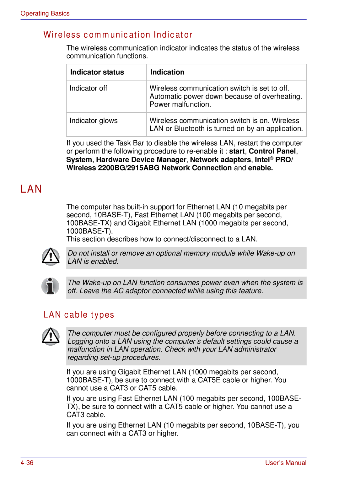 Toshiba tecra s3 manual Wireless communication Indicator, LAN cable types, Indicator status Indication 