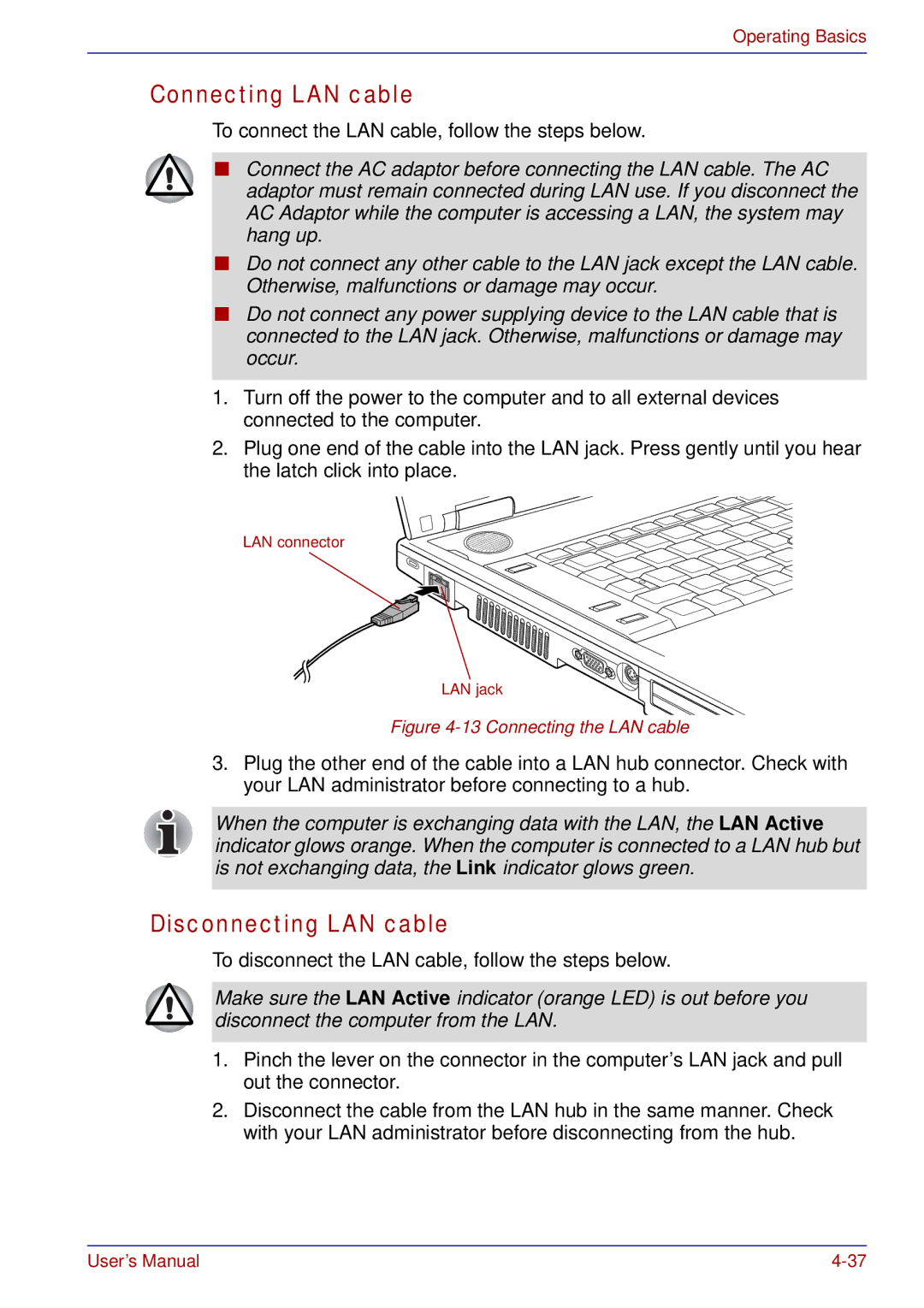 Toshiba tecra s3 manual Connecting LAN cable, Disconnecting LAN cable 