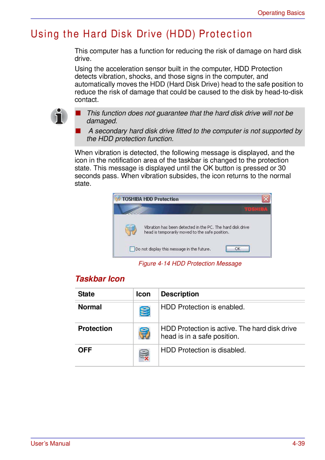 Toshiba tecra s3 manual Using the Hard Disk Drive HDD Protection, Taskbar Icon, HDD Protection is disabled 