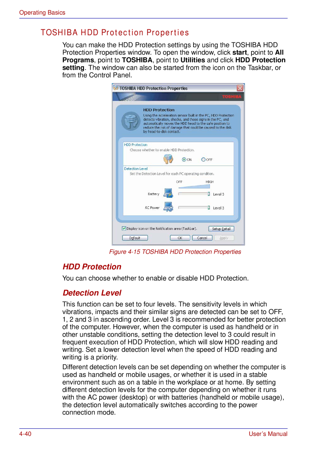 Toshiba tecra s3 manual Toshiba HDD Protection Properties, Detection Level 