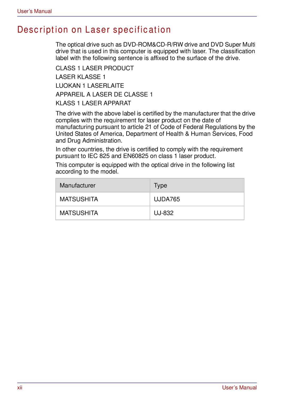 Toshiba tecra s3 manual Description on Laser specification 