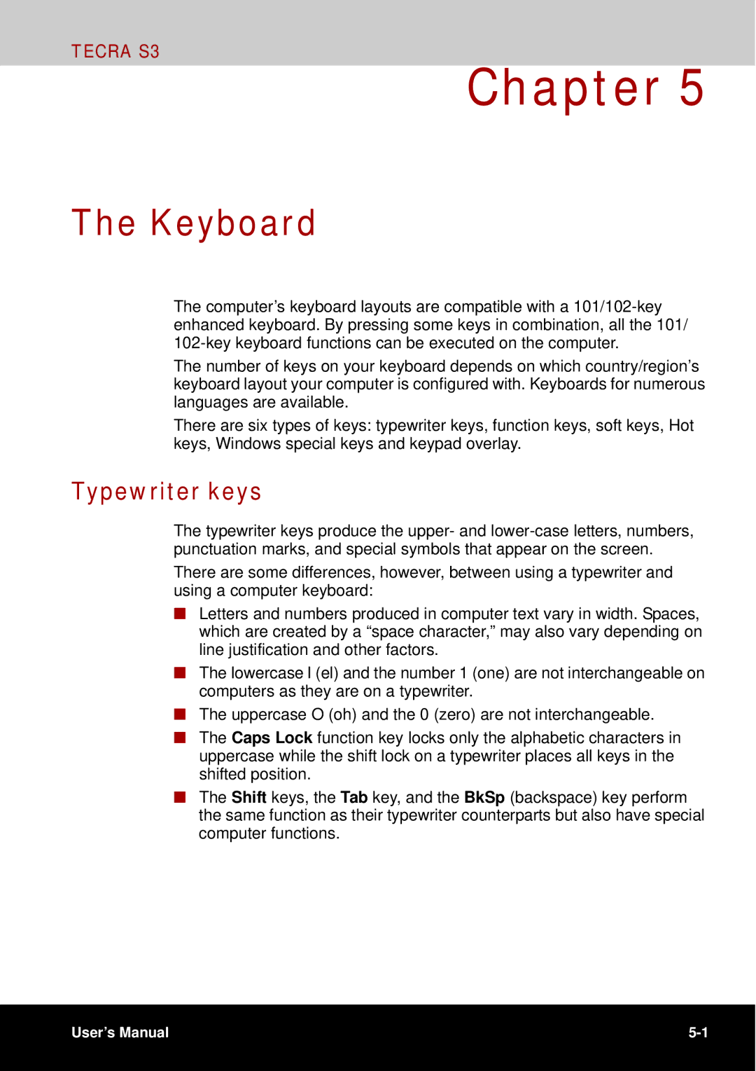 Toshiba tecra s3 manual Keyboard, Typewriter keys 