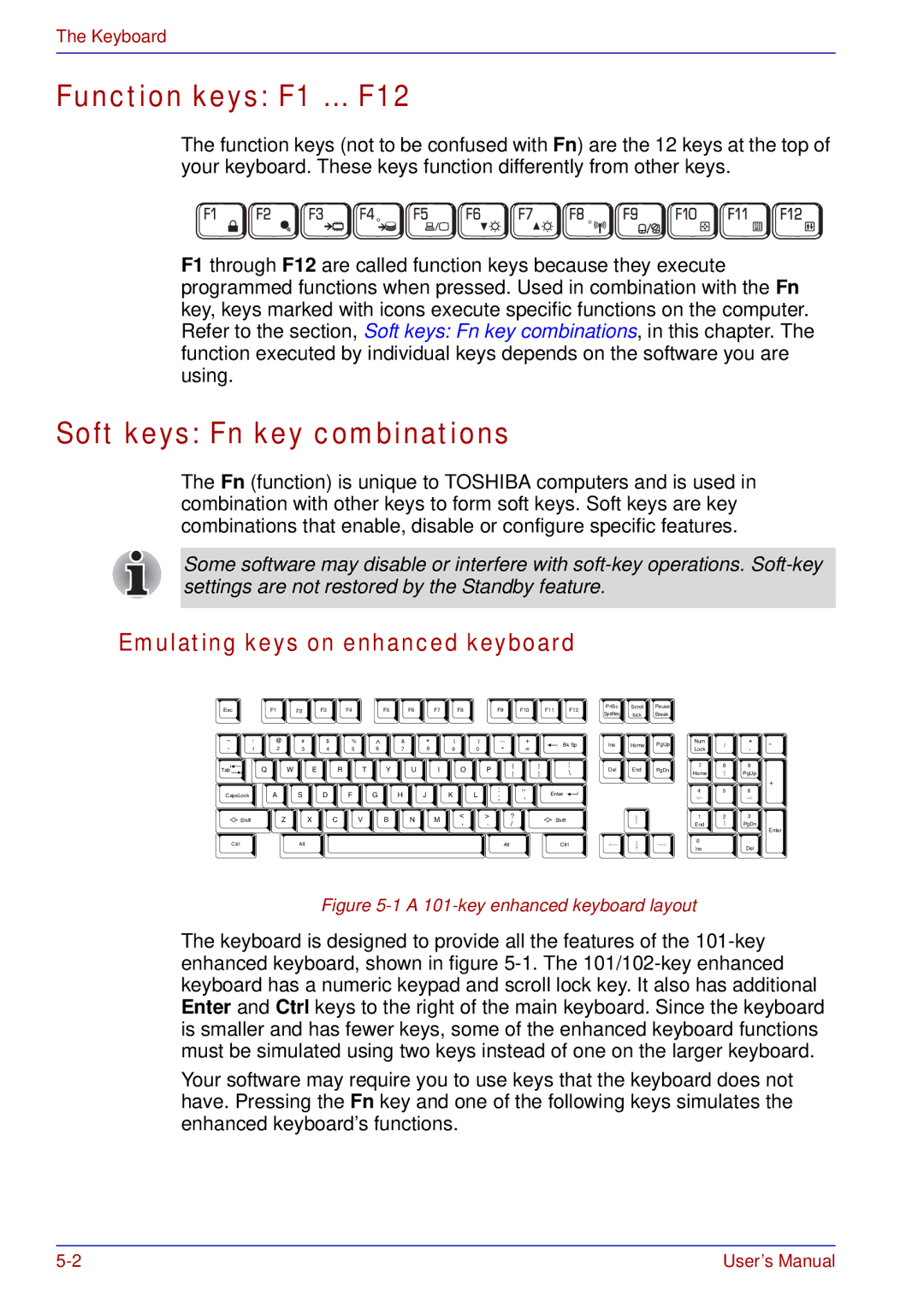 Toshiba tecra s3 manual Function keys F1 … F12, Soft keys Fn key combinations, Emulating keys on enhanced keyboard 