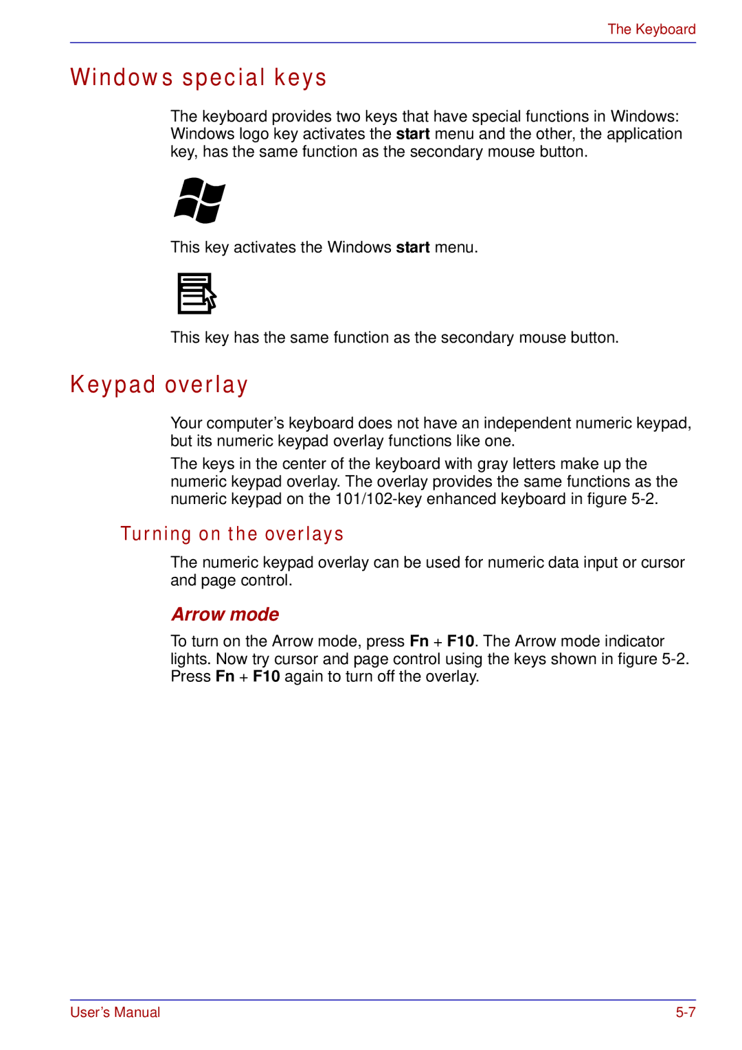 Toshiba tecra s3 manual Windows special keys, Keypad overlay, Turning on the overlays, Arrow mode 