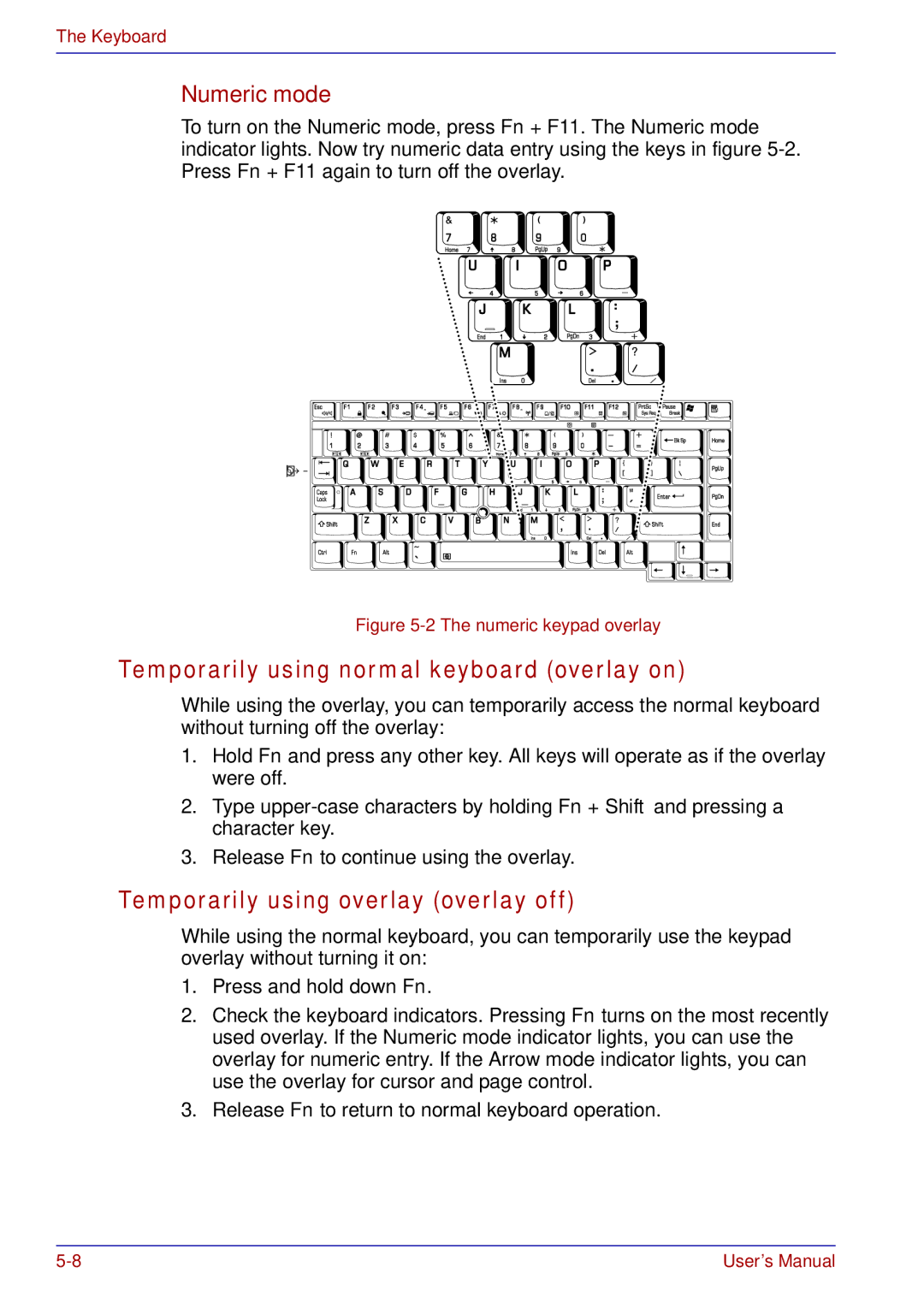 Toshiba tecra s3 manual Temporarily using normal keyboard overlay on, Temporarily using overlay overlay off, Numeric mode 