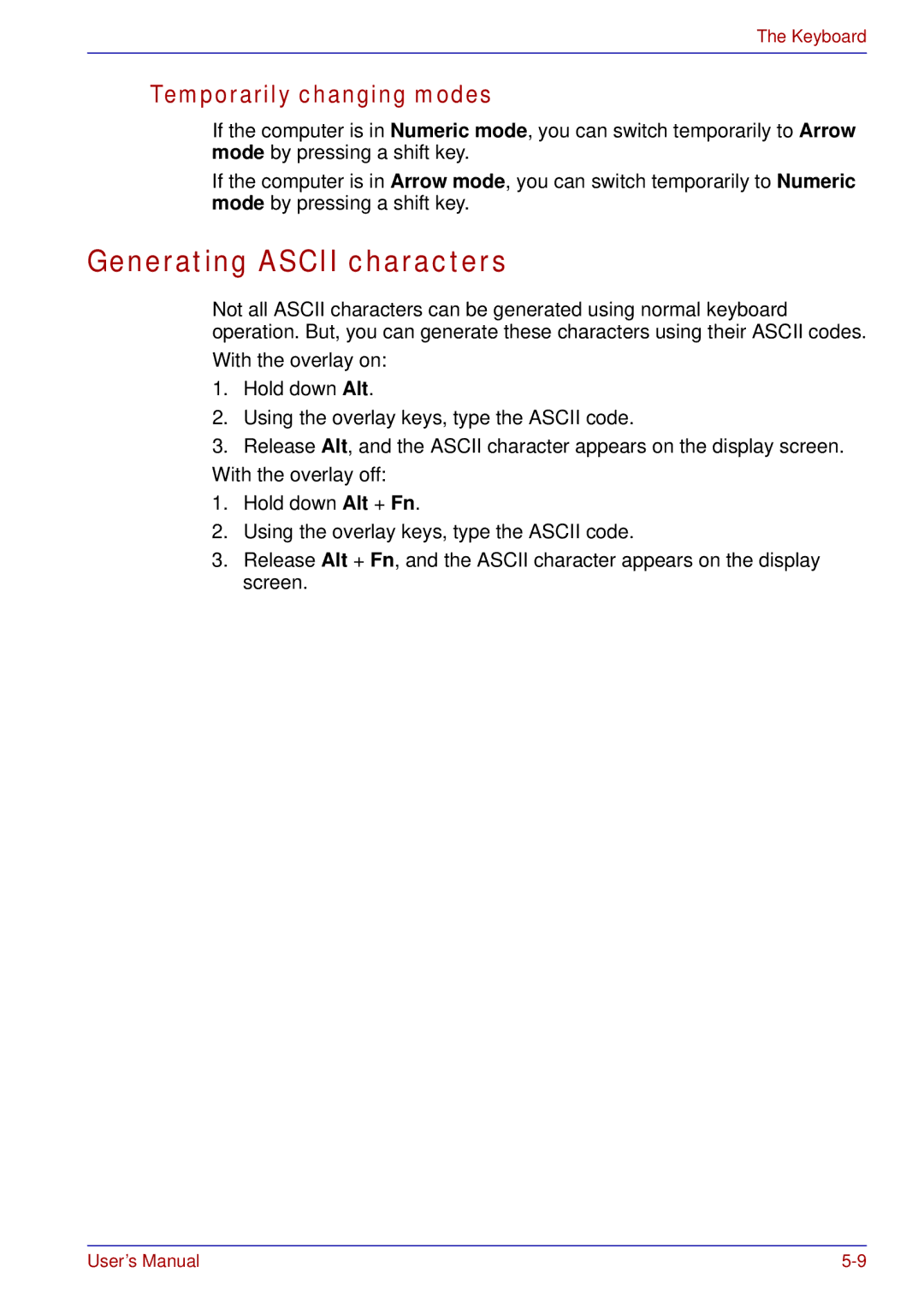 Toshiba tecra s3 manual Generating Ascii characters, Temporarily changing modes 