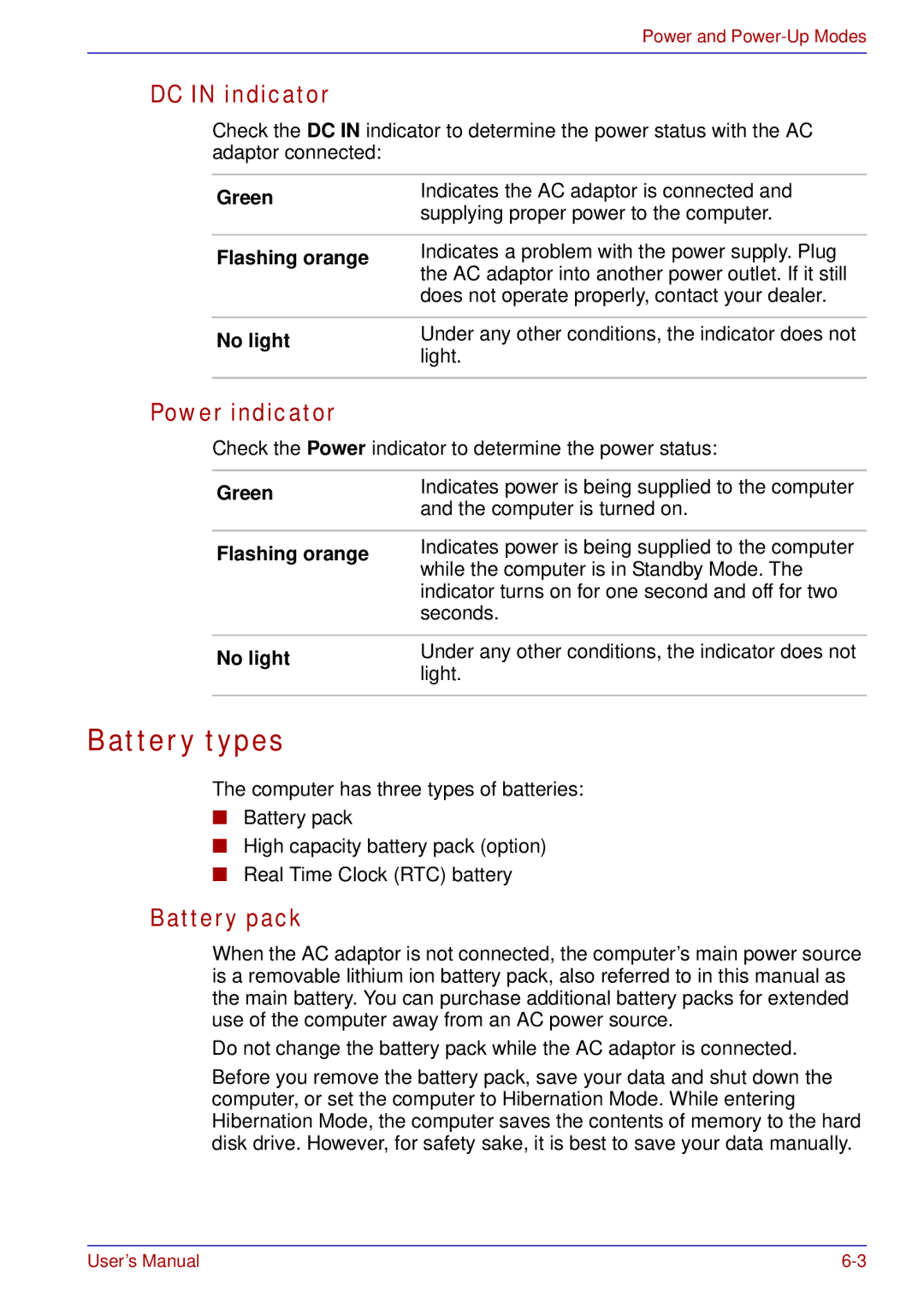 Toshiba tecra s3 manual Battery types, DC in indicator, Power indicator, Battery pack 