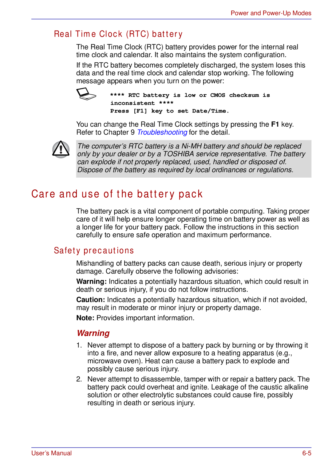 Toshiba tecra s3 manual Care and use of the battery pack, Real Time Clock RTC battery, Safety precautions 