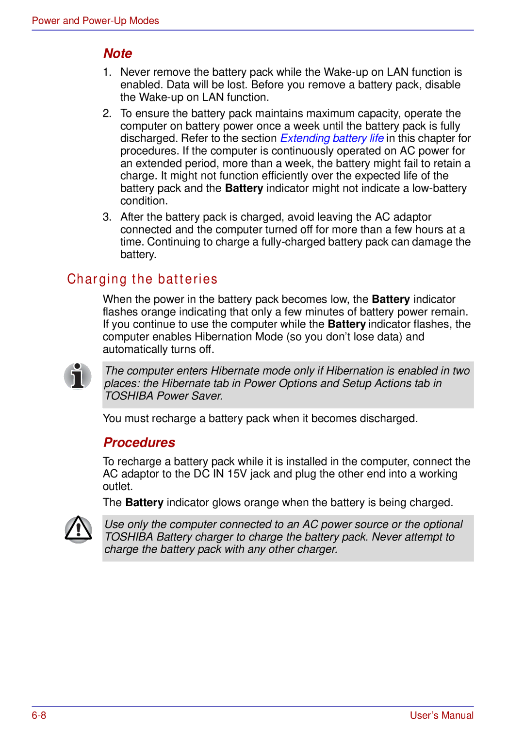 Toshiba tecra s3 manual Charging the batteries, Procedures 