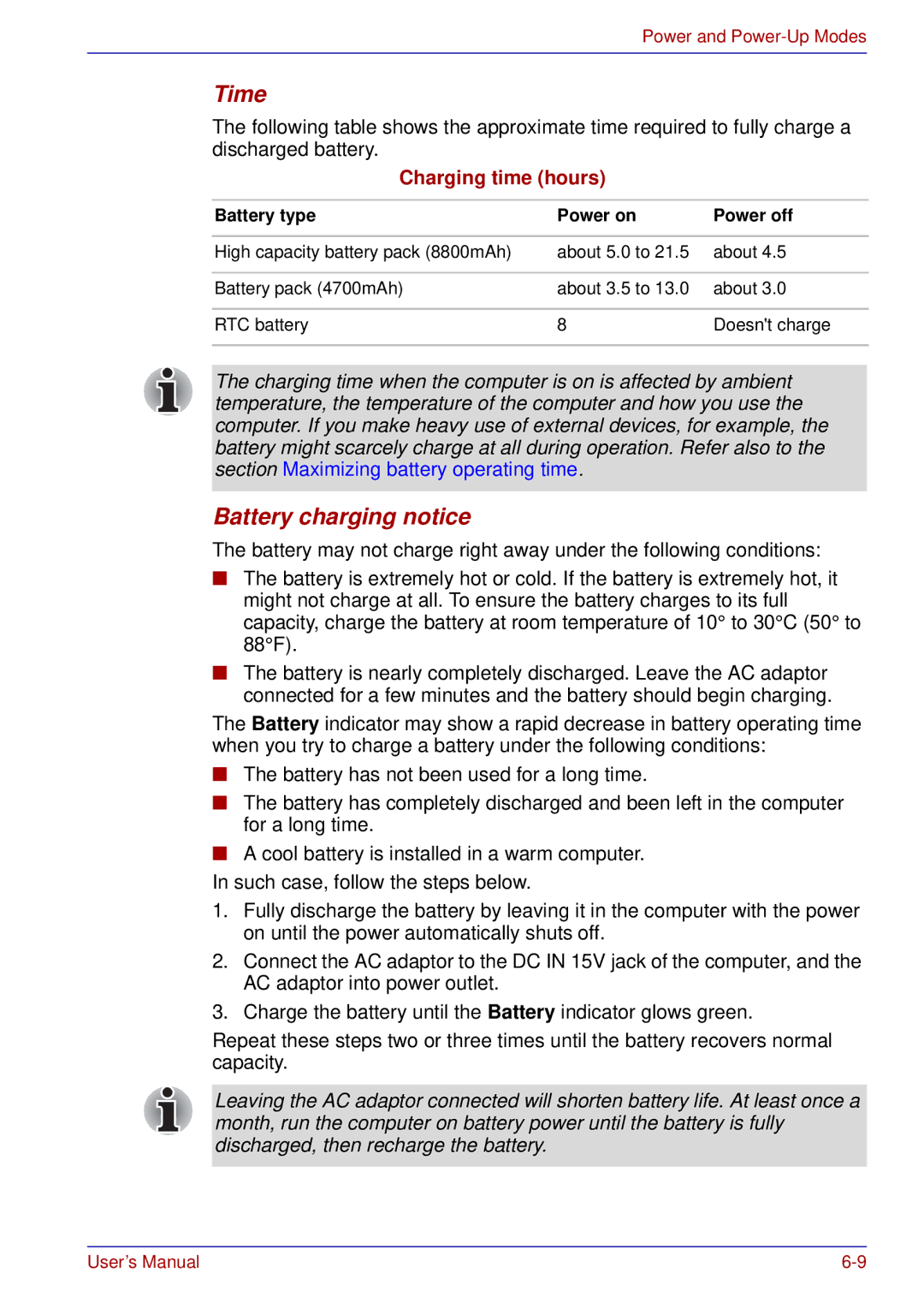 Toshiba tecra s3 manual Time, Battery charging notice 