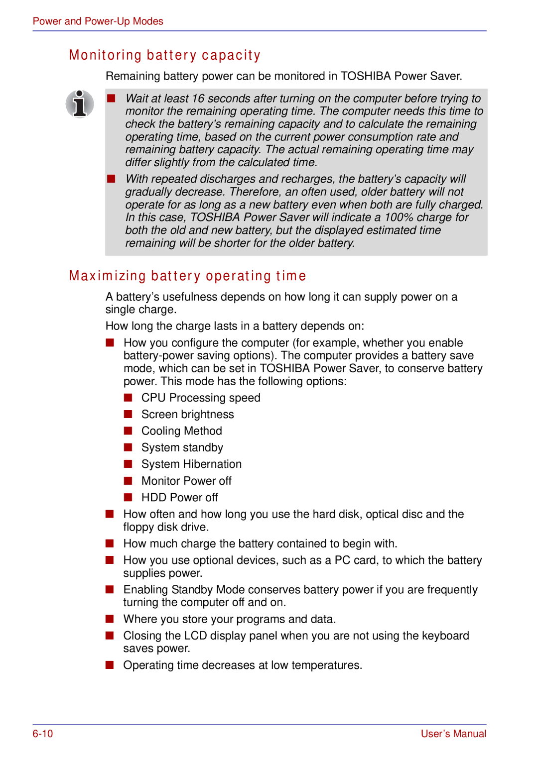 Toshiba tecra s3 manual Monitoring battery capacity, Maximizing battery operating time 