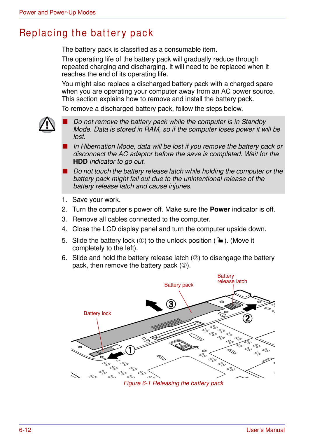 Toshiba tecra s3 manual Replacing the battery pack, Releasing the battery pack 