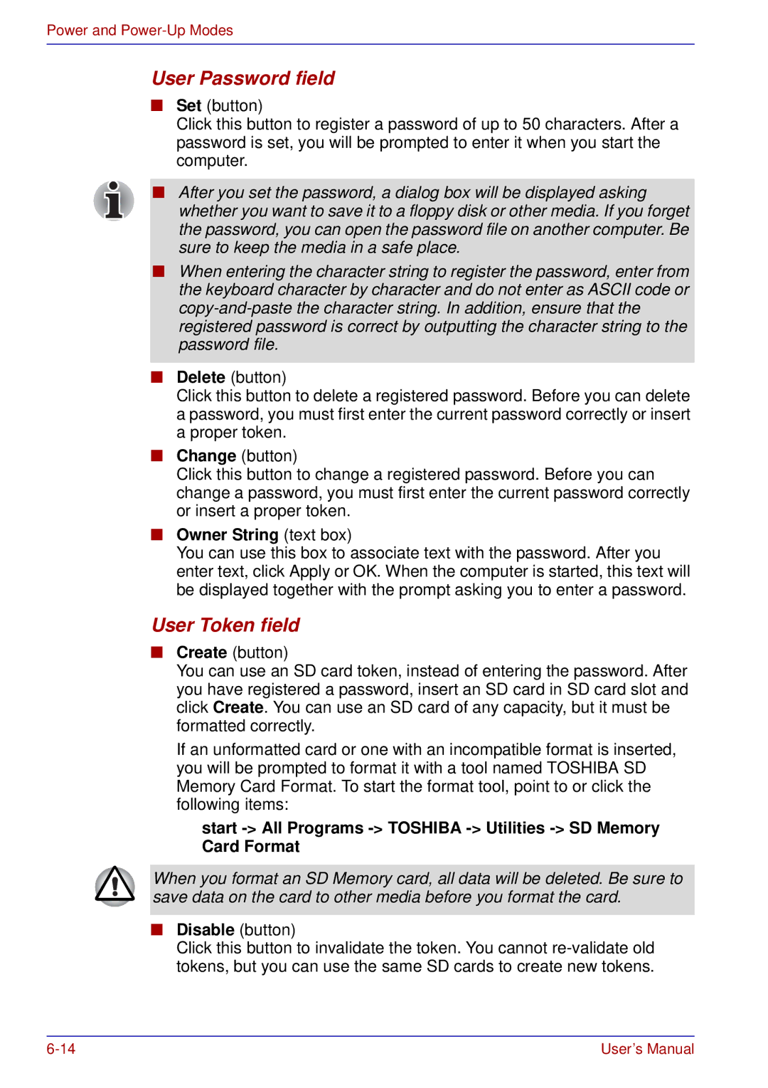 Toshiba tecra s3 manual User Password field, User Token field, Owner String text box, Disable button 