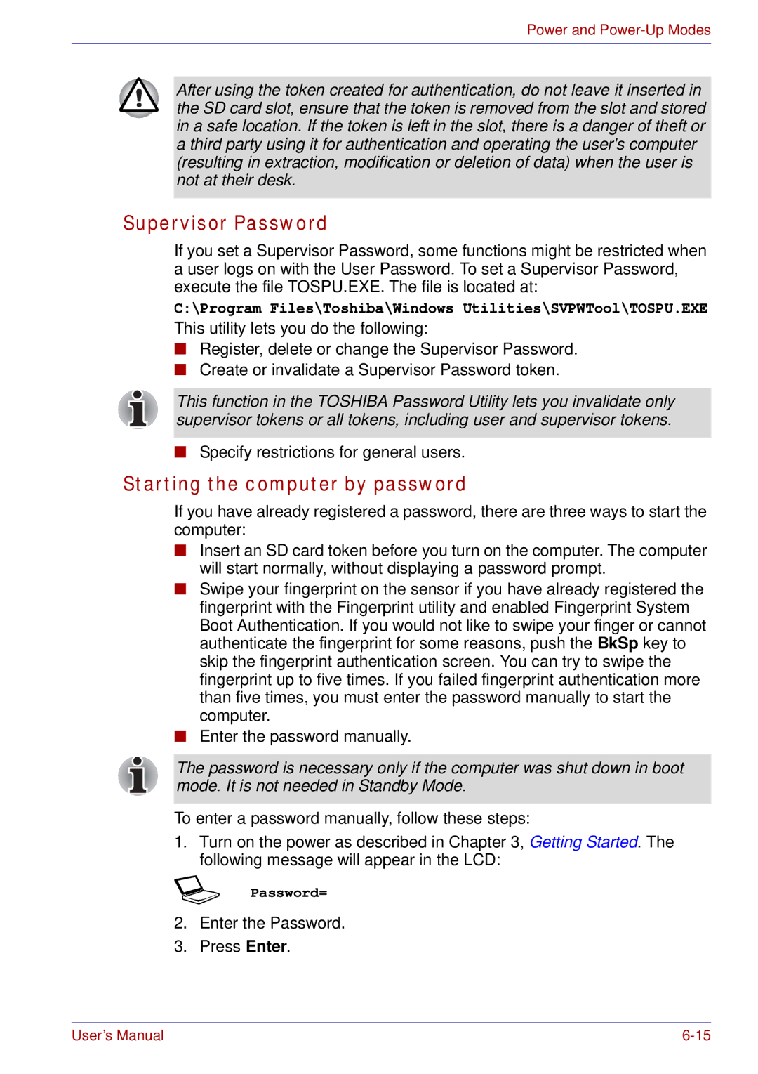 Toshiba tecra s3 manual Supervisor Password, Starting the computer by password 