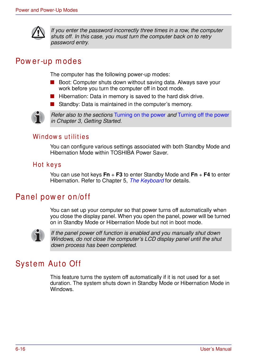 Toshiba tecra s3 manual Power-up modes, Panel power on/off, System Auto Off, Windows utilities, Hot keys 