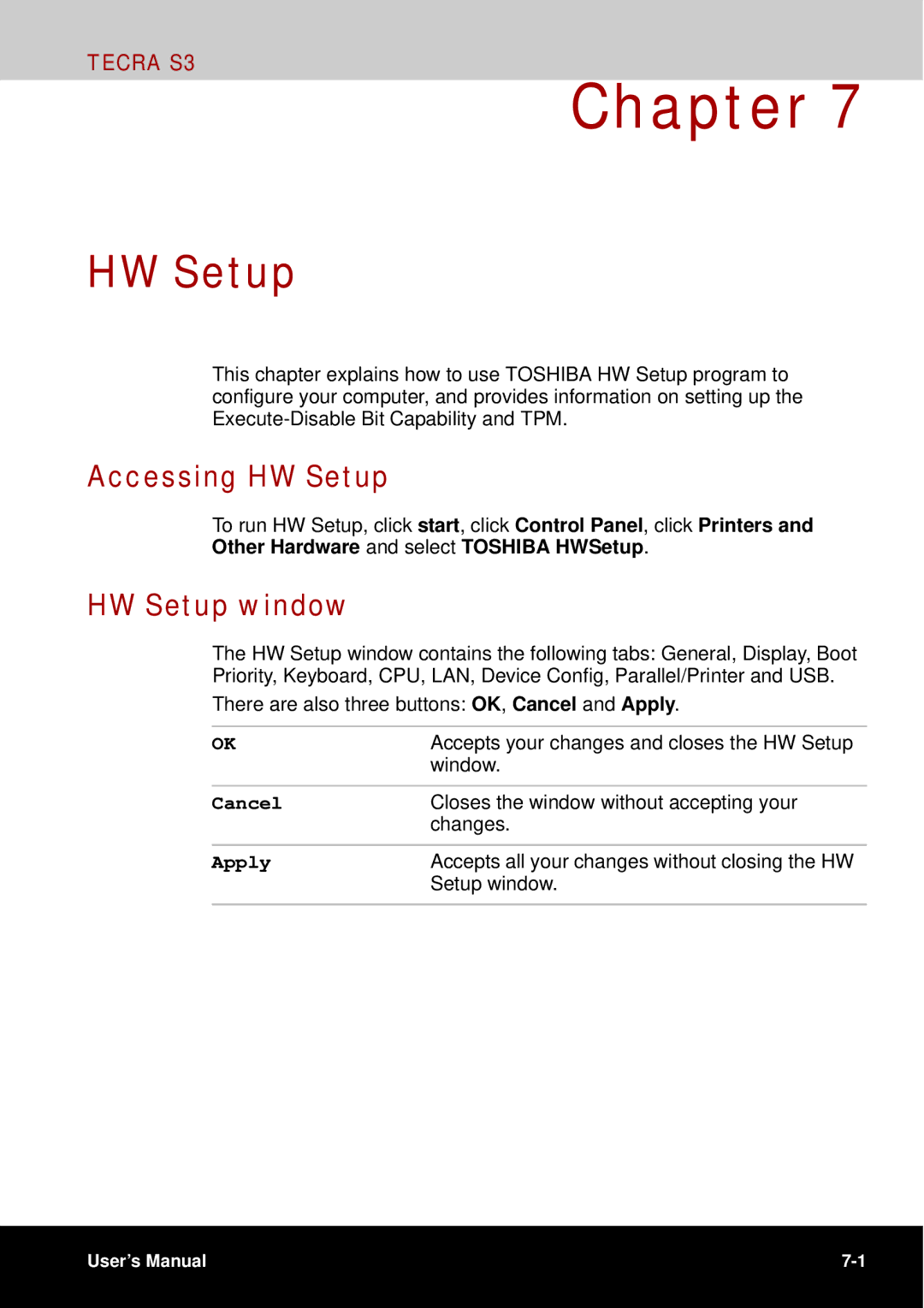 Toshiba tecra s3 manual Accessing HW Setup, HW Setup window 