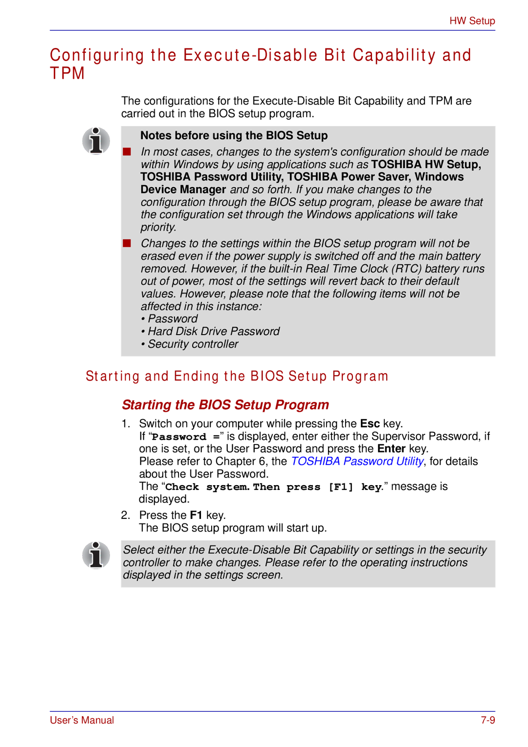 Toshiba tecra s3 manual Configuring the Execute-Disable Bit Capability, Starting and Ending the Bios Setup Program 