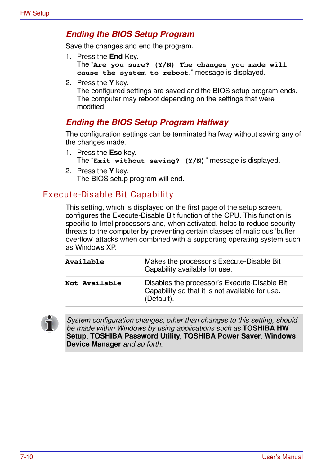 Toshiba tecra s3 manual Execute-Disable Bit Capability, Ending the Bios Setup Program Halfway 