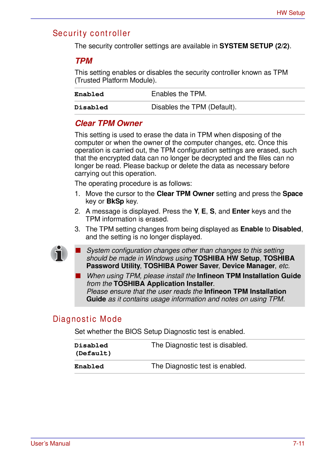 Toshiba tecra s3 manual Security controller, Diagnostic Mode, Clear TPM Owner, Diagnostic test is disabled 