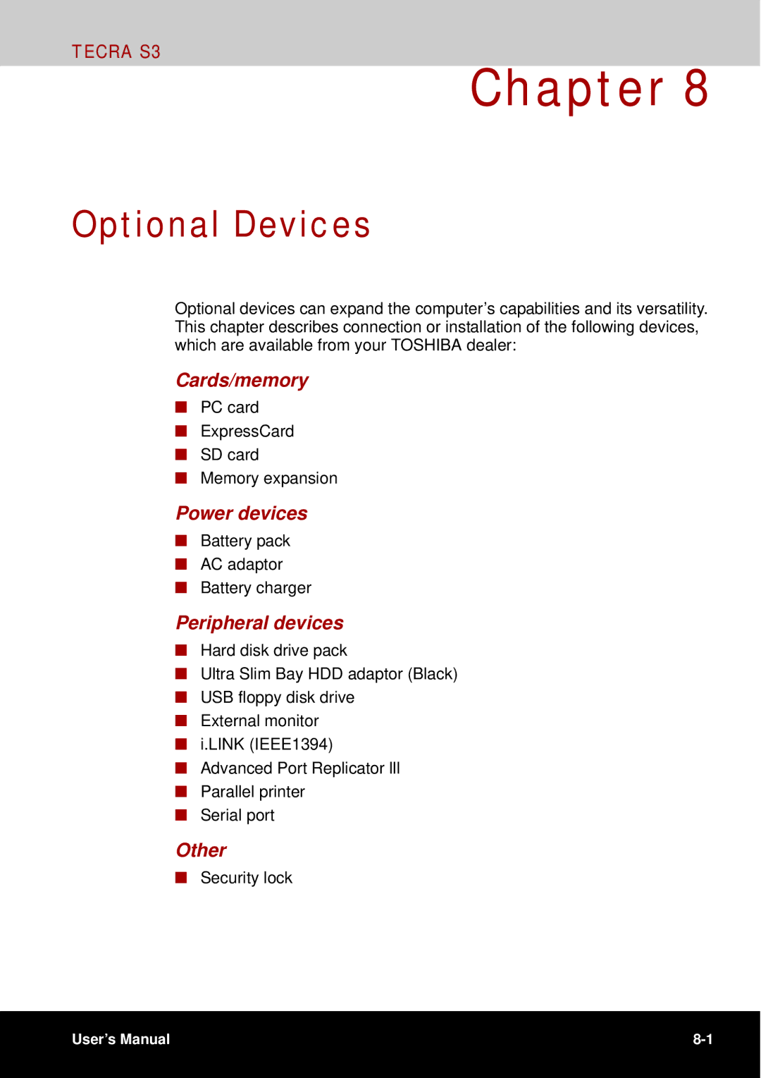 Toshiba tecra s3 manual Optional Devices, Cards/memory, Power devices, Peripheral devices, Other 