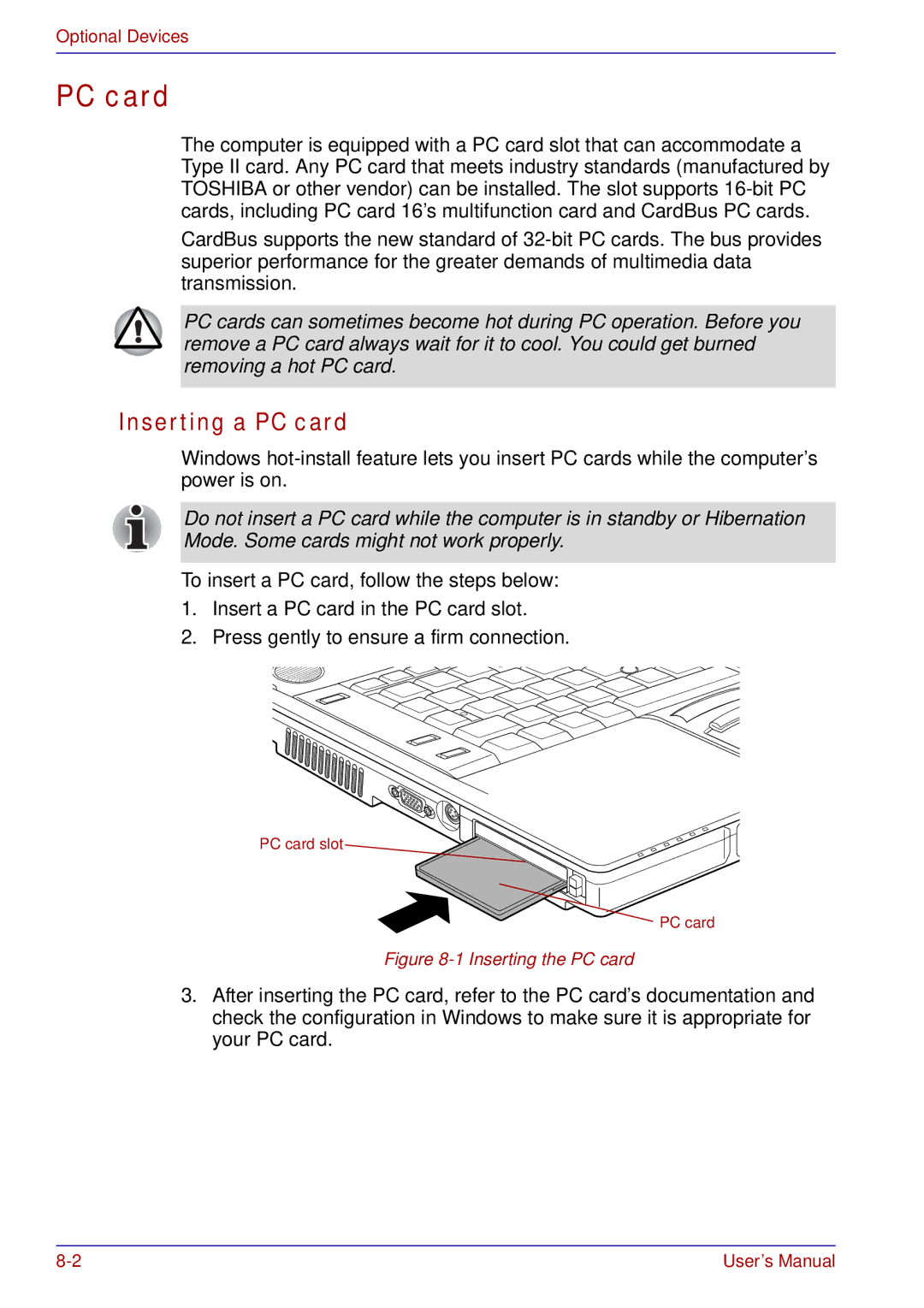 Toshiba tecra s3 manual Inserting a PC card 