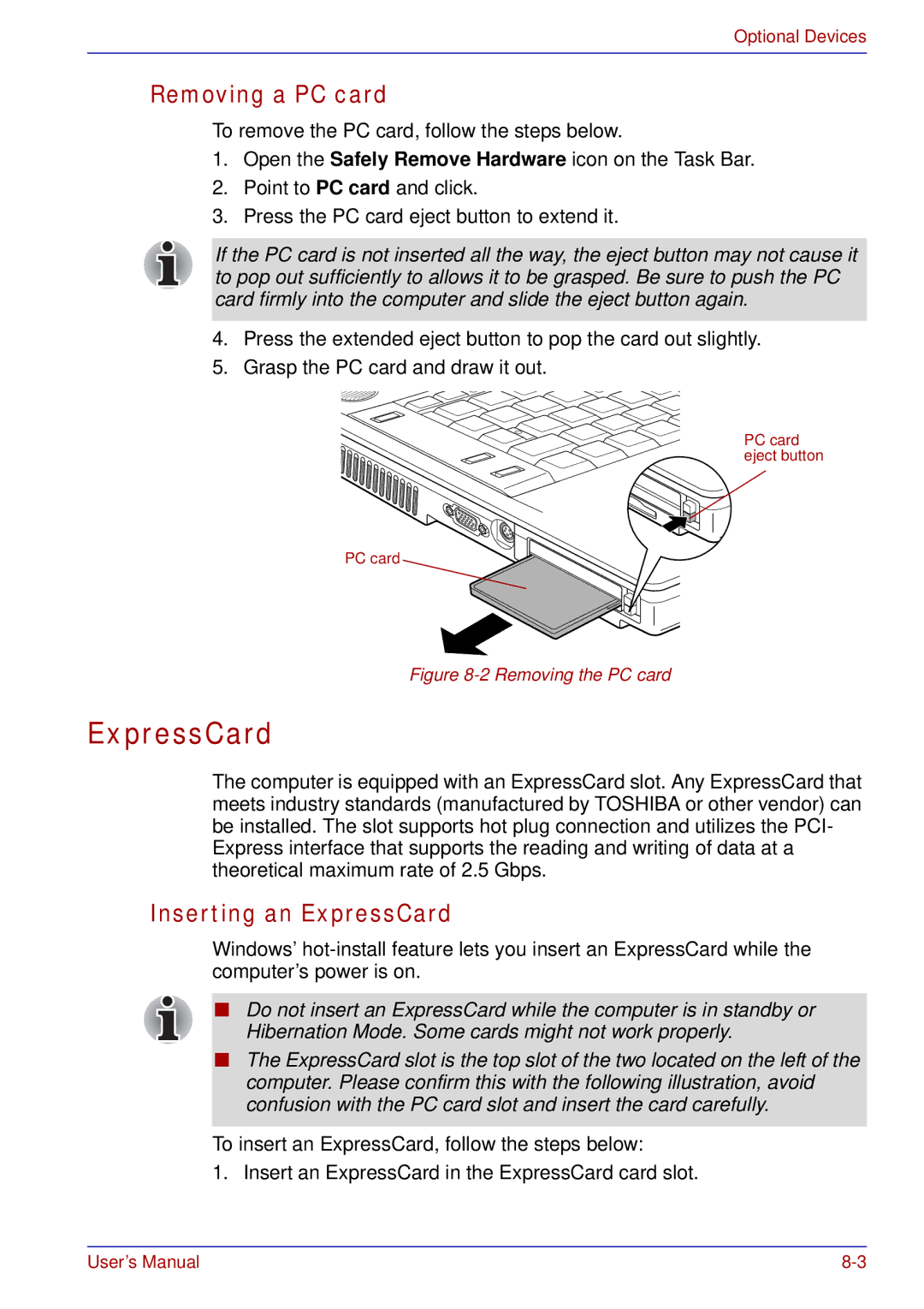 Toshiba tecra s3 manual Removing a PC card, Inserting an ExpressCard 