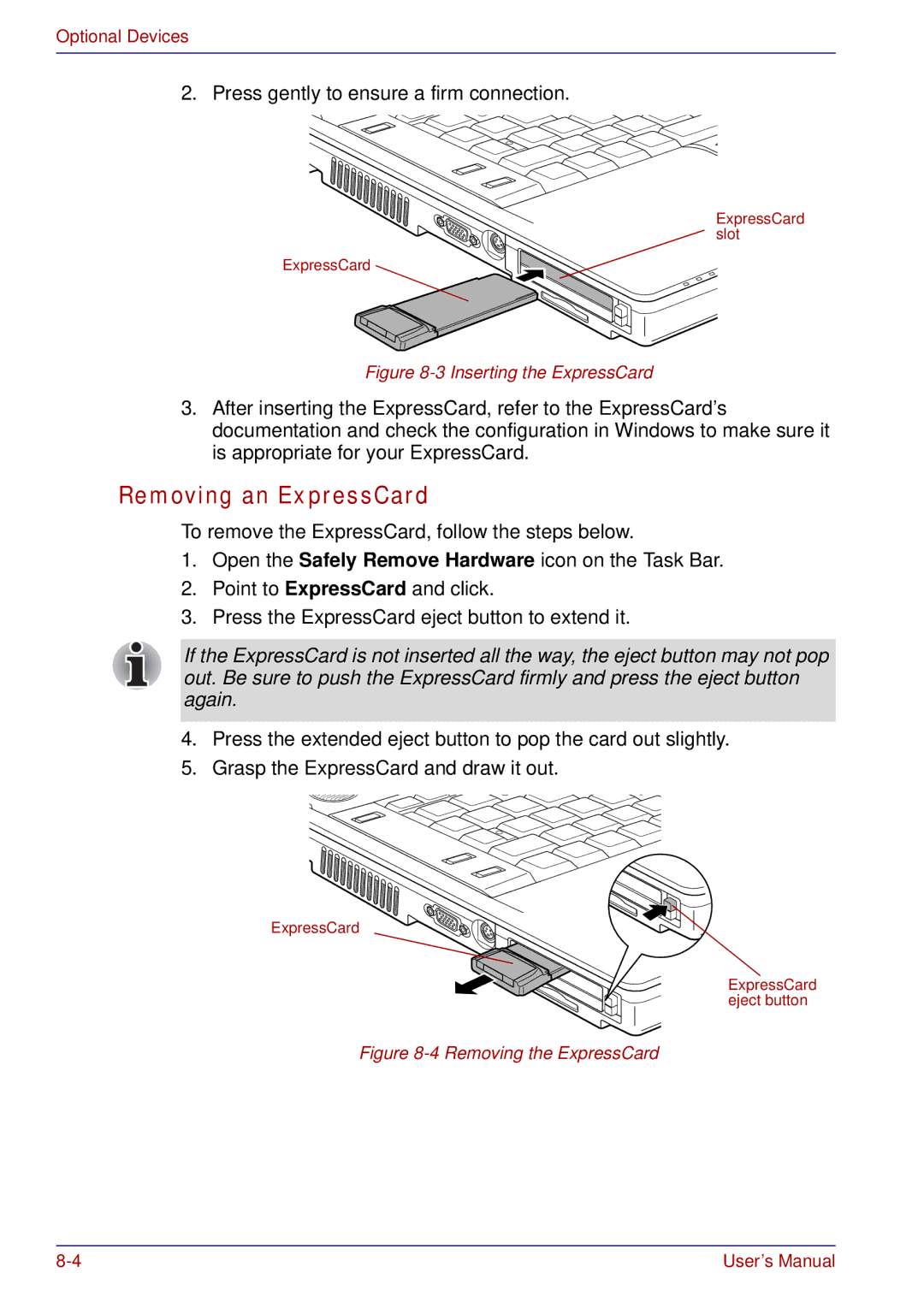 Toshiba tecra s3 manual Removing an ExpressCard, Inserting the ExpressCard 