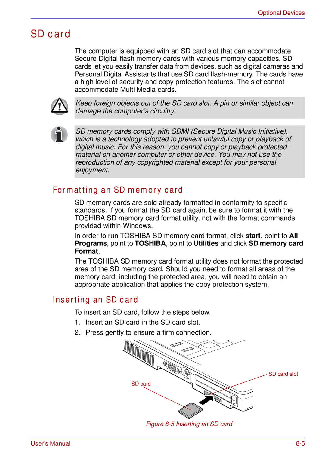 Toshiba tecra s3 manual Formatting an SD memory card, Inserting an SD card 