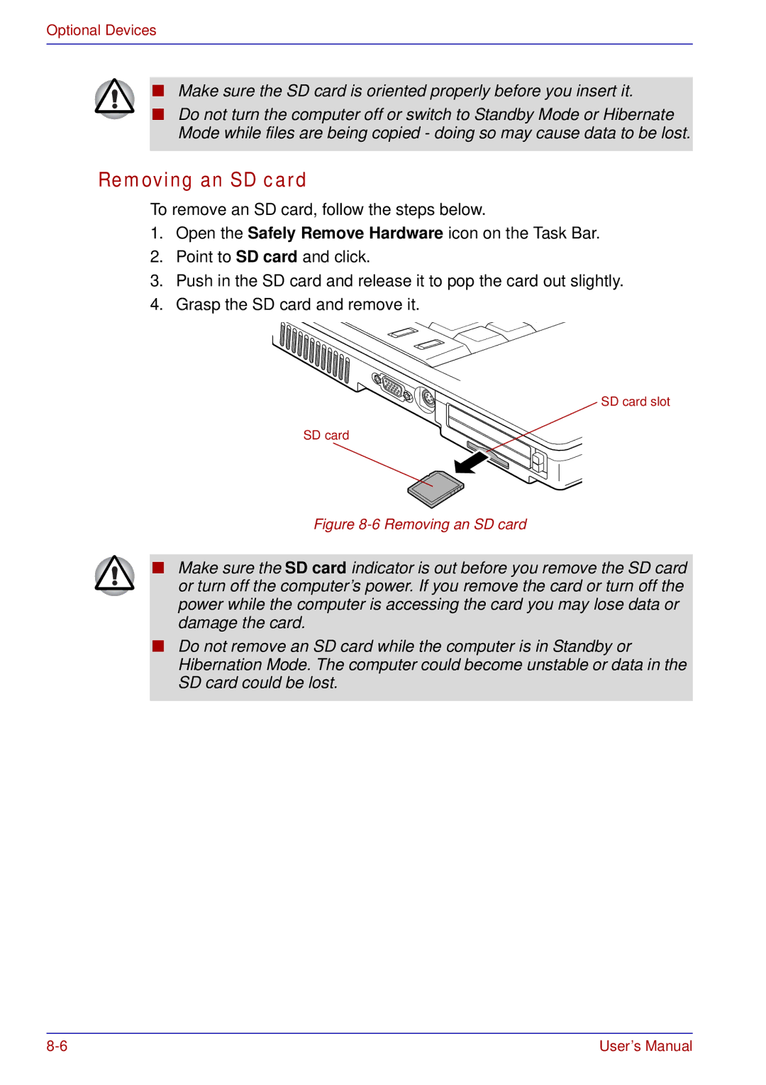 Toshiba tecra s3 manual Removing an SD card 