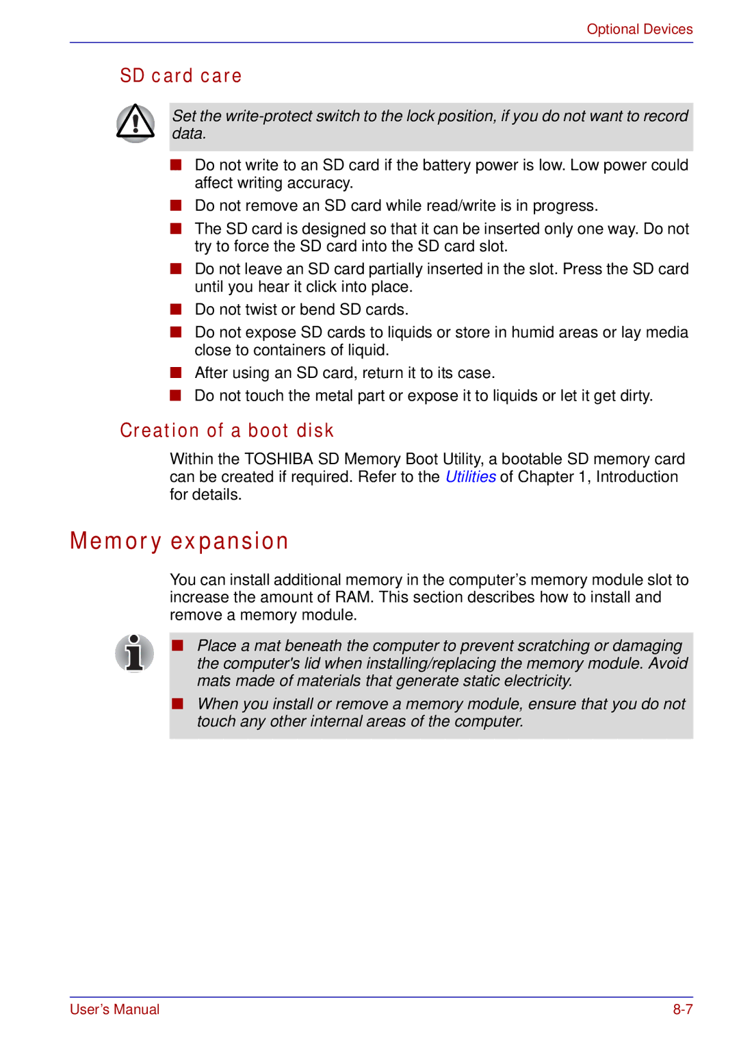 Toshiba tecra s3 manual Memory expansion, SD card care, Creation of a boot disk 