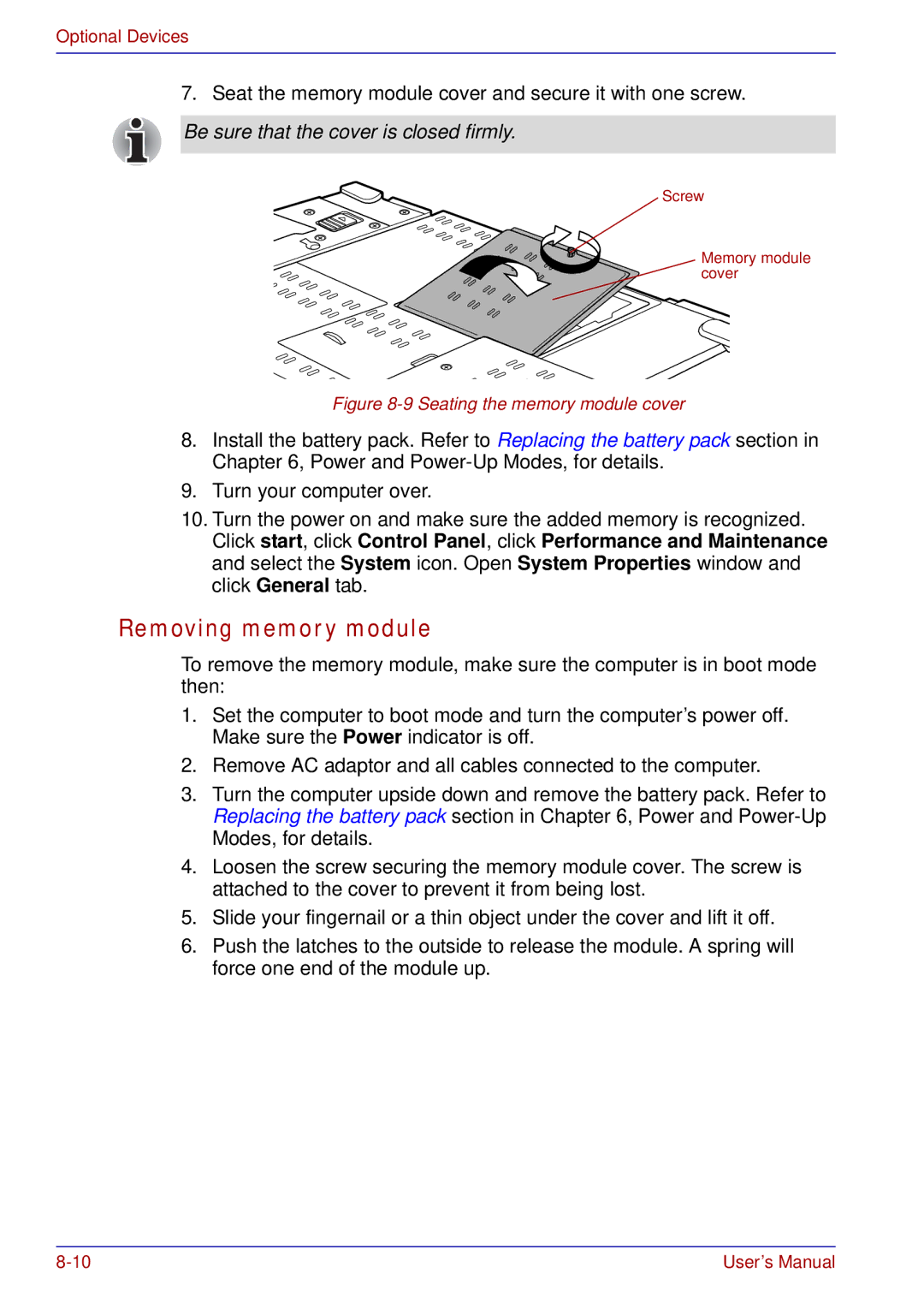 Toshiba tecra s3 manual Removing memory module, Be sure that the cover is closed firmly 