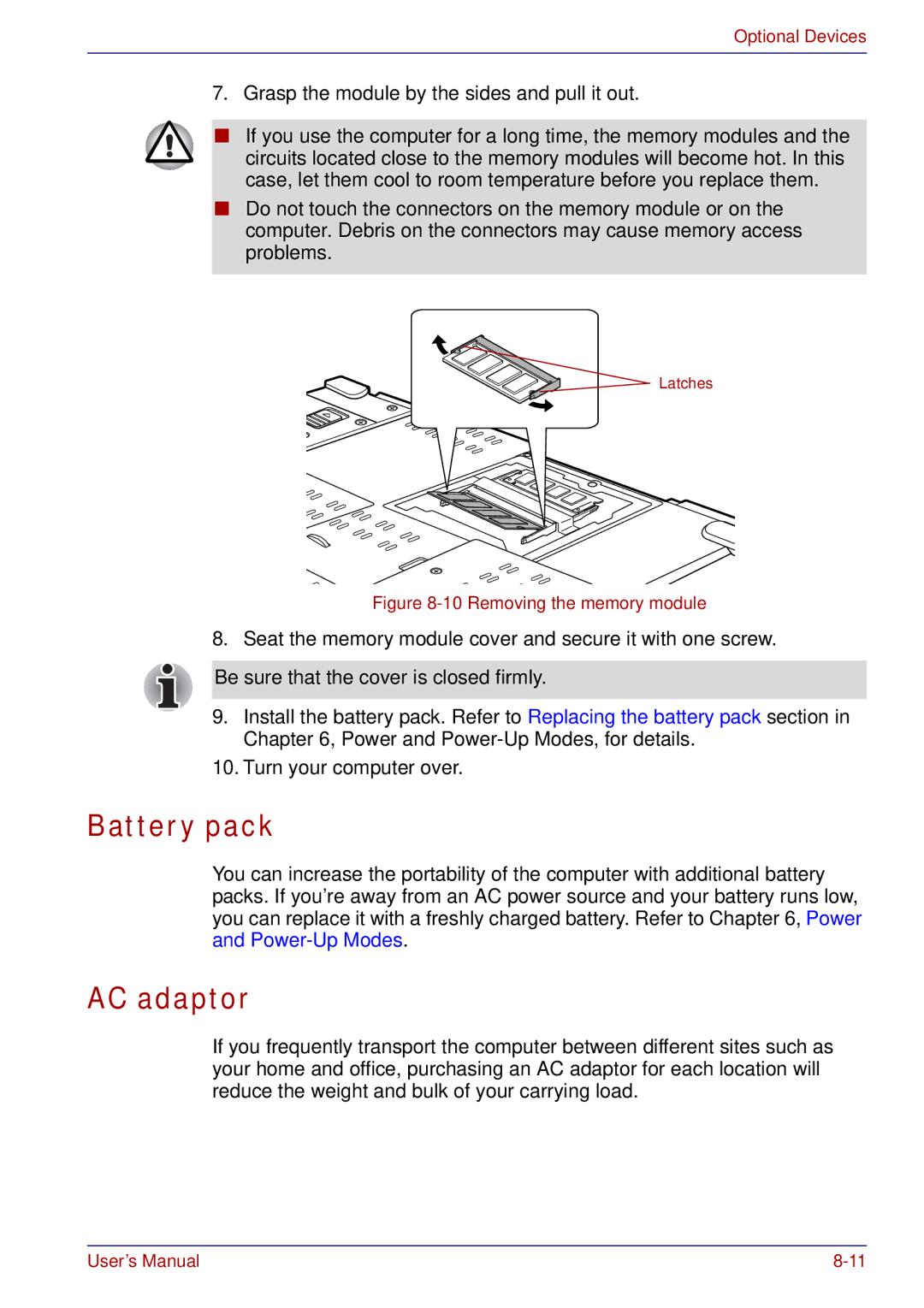 Toshiba tecra s3 manual Battery pack, Grasp the module by the sides and pull it out 