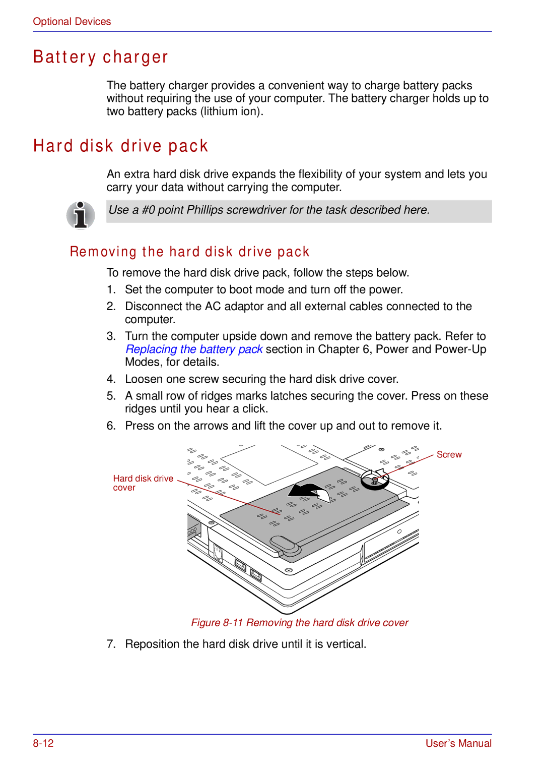 Toshiba tecra s3 manual Battery charger, Hard disk drive pack, Removing the hard disk drive pack 