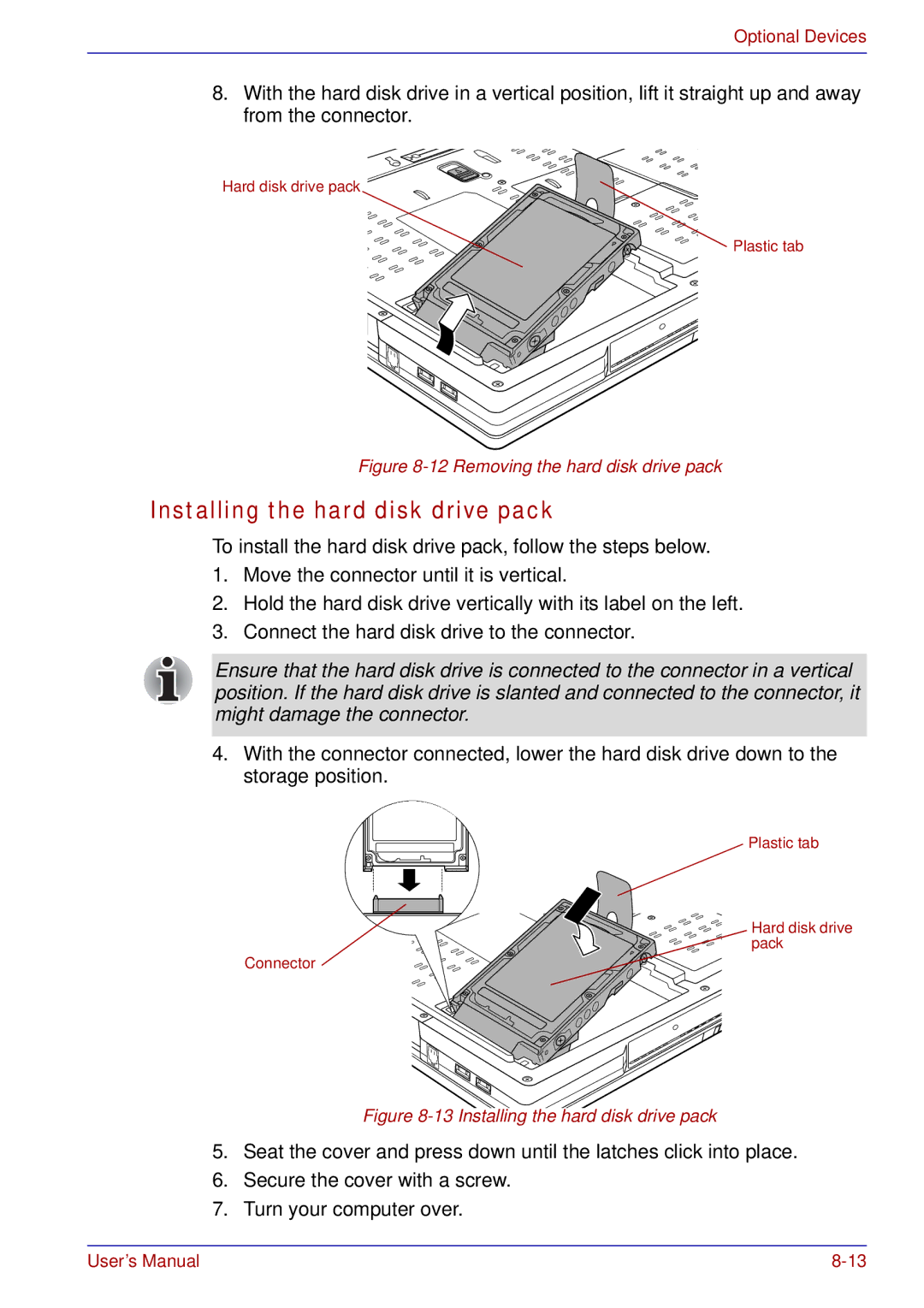 Toshiba tecra s3 manual Installing the hard disk drive pack, Removing the hard disk drive pack 