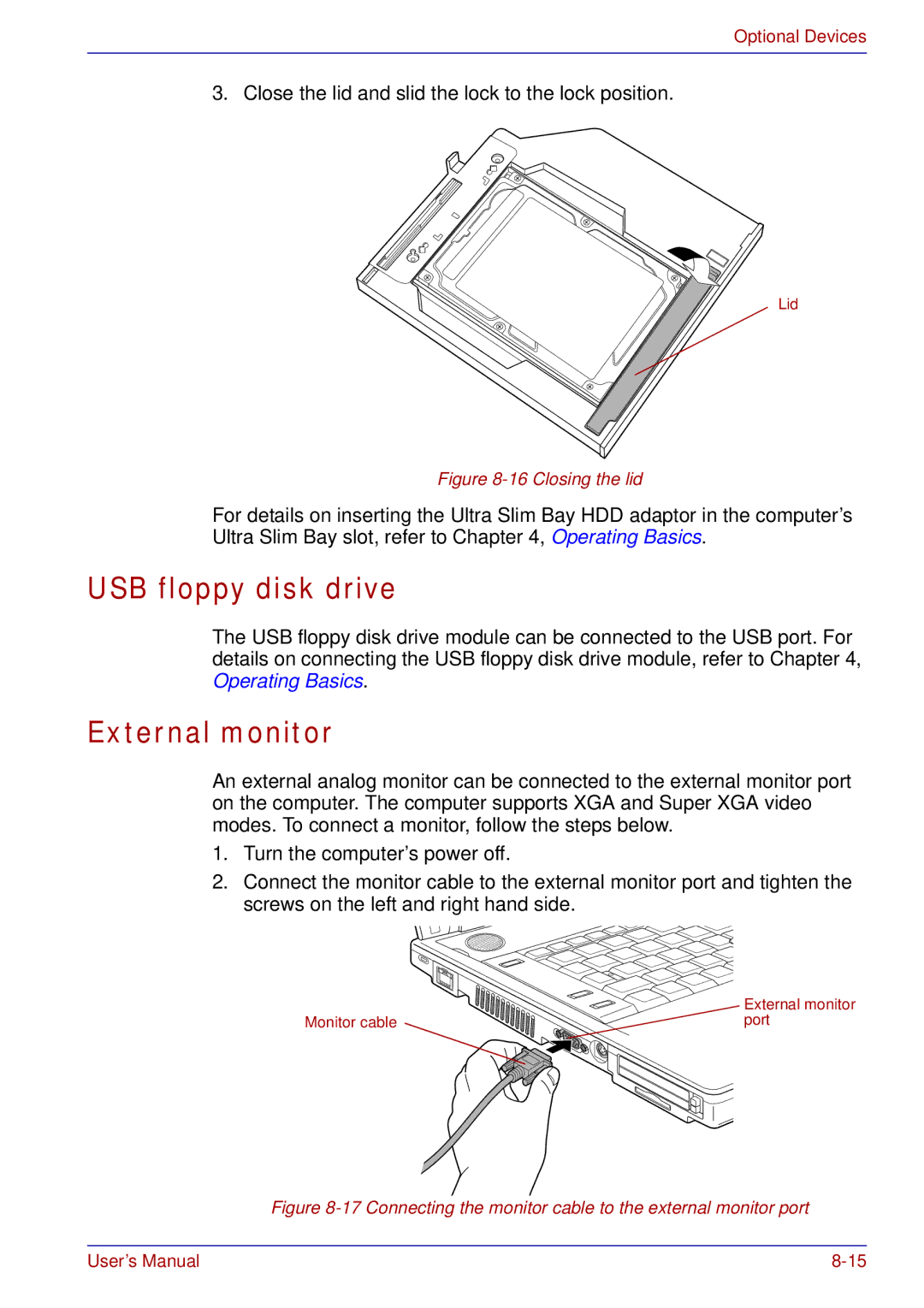 Toshiba tecra s3 manual External monitor, Closing the lid 