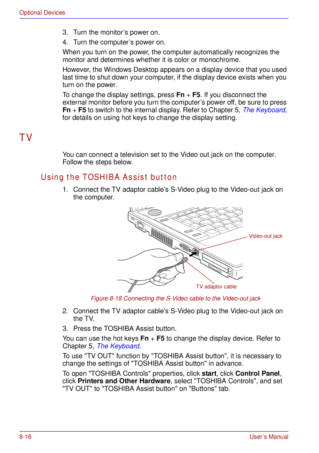 Toshiba tecra s3 manual Using the Toshiba Assist button, Connecting the S-Video cable to the Video-out jack 