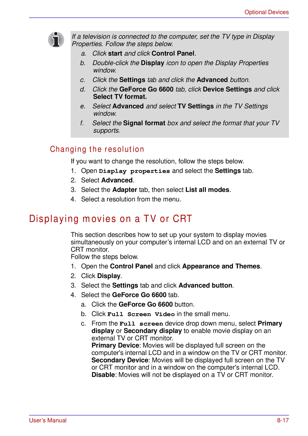 Toshiba tecra s3 manual Displaying movies on a TV or CRT, Changing the resolution, Select the GeForce Go 6600 tab 