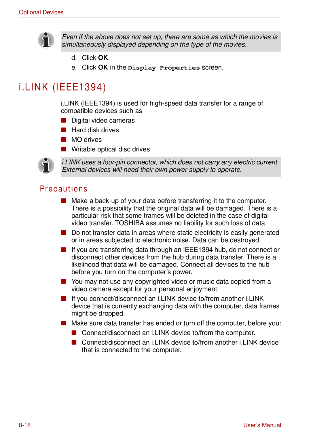 Toshiba tecra s3 manual Link IEEE1394, Precautions 