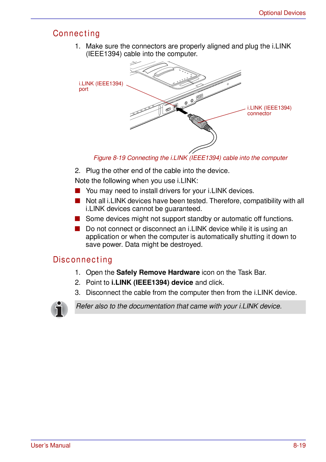 Toshiba tecra s3 manual Point to i.LINK IEEE1394 device and click, Connecting the i.LINK IEEE1394 cable into the computer 