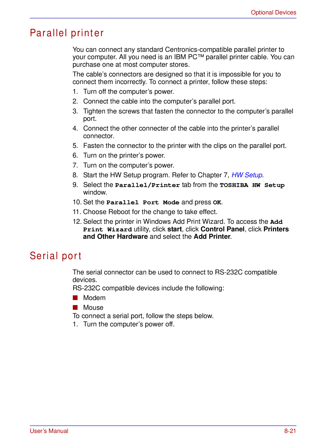 Toshiba tecra s3 manual Parallel printer, Serial port 