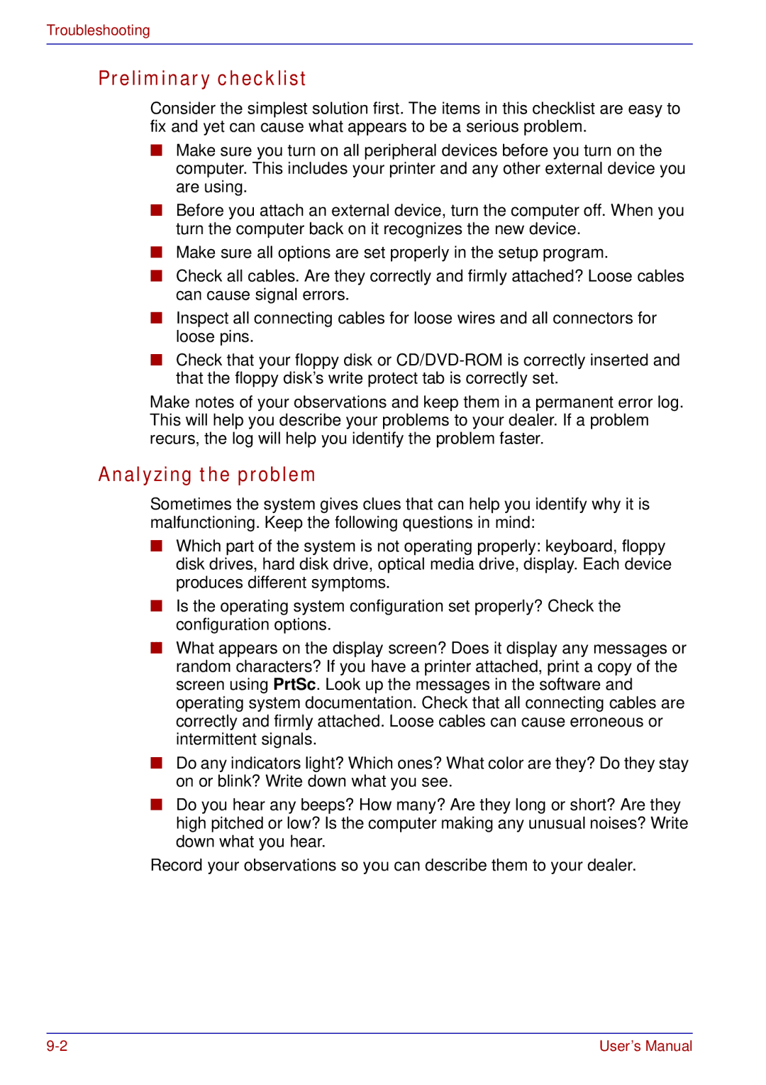 Toshiba tecra s3 manual Preliminary checklist, Analyzing the problem 