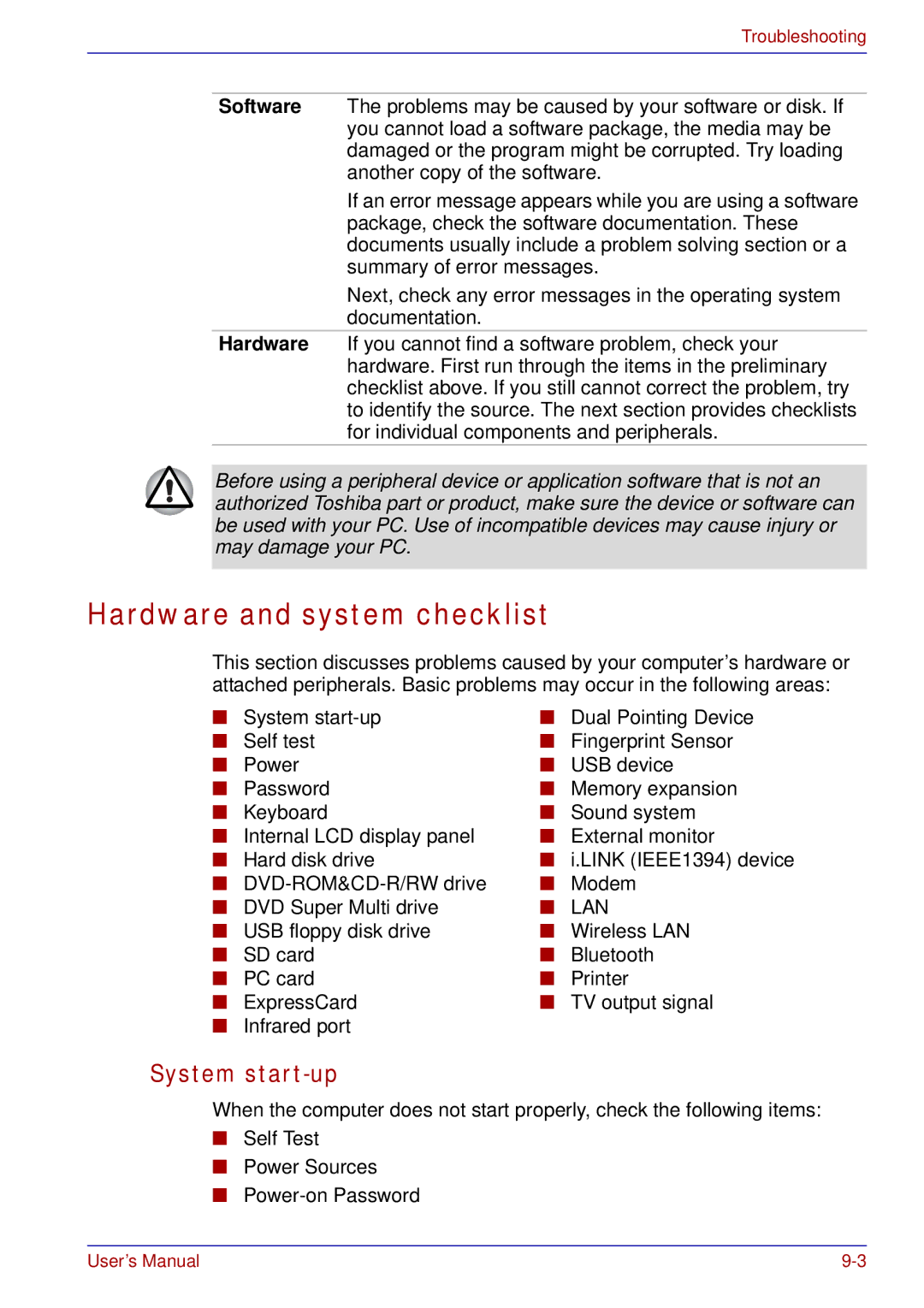 Toshiba tecra s3 manual Hardware and system checklist, System start-up 