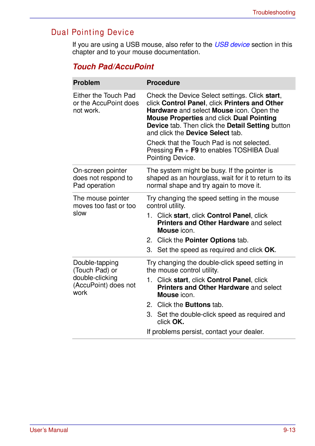 Toshiba tecra s3 manual Dual Pointing Device, Touch Pad/AccuPoint 