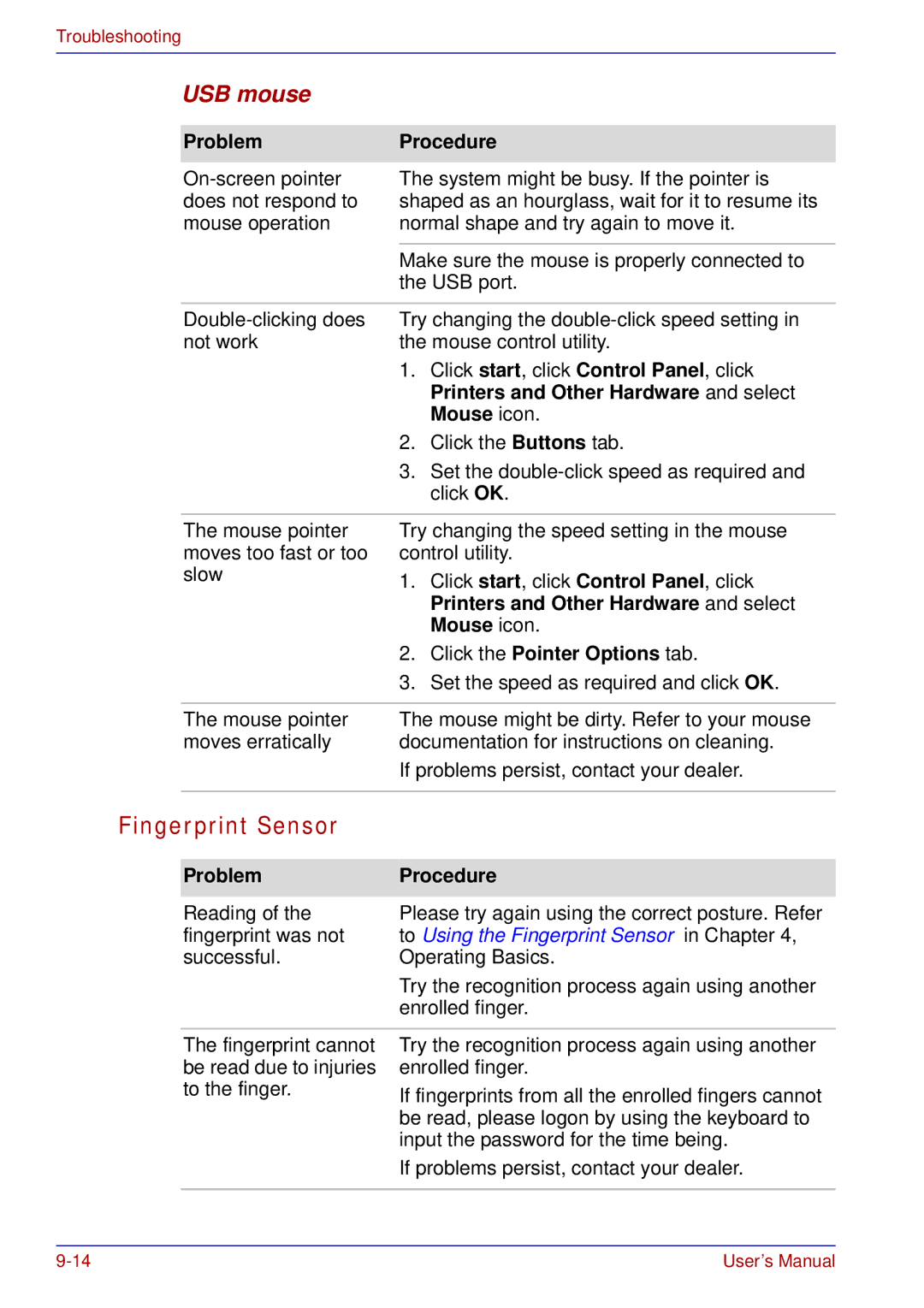 Toshiba tecra s3 manual Fingerprint Sensor, USB mouse, Click the Pointer Options tab 