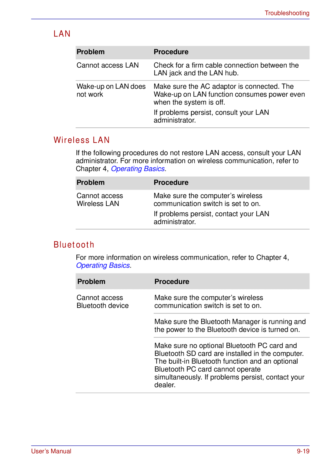 Toshiba tecra s3 manual Lan, Bluetooth 