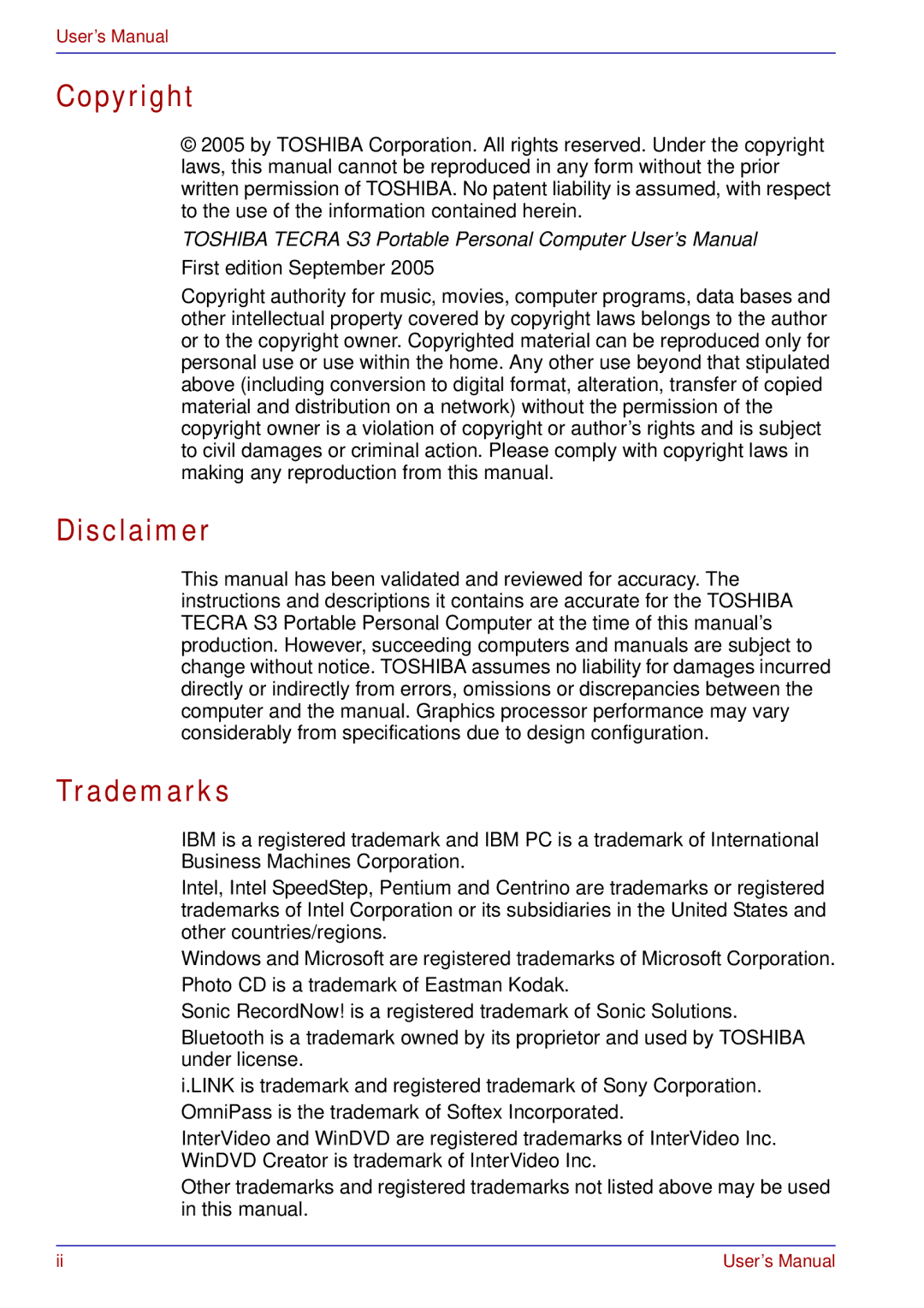 Toshiba tecra s3 manual Copyright, Disclaimer, Trademarks 