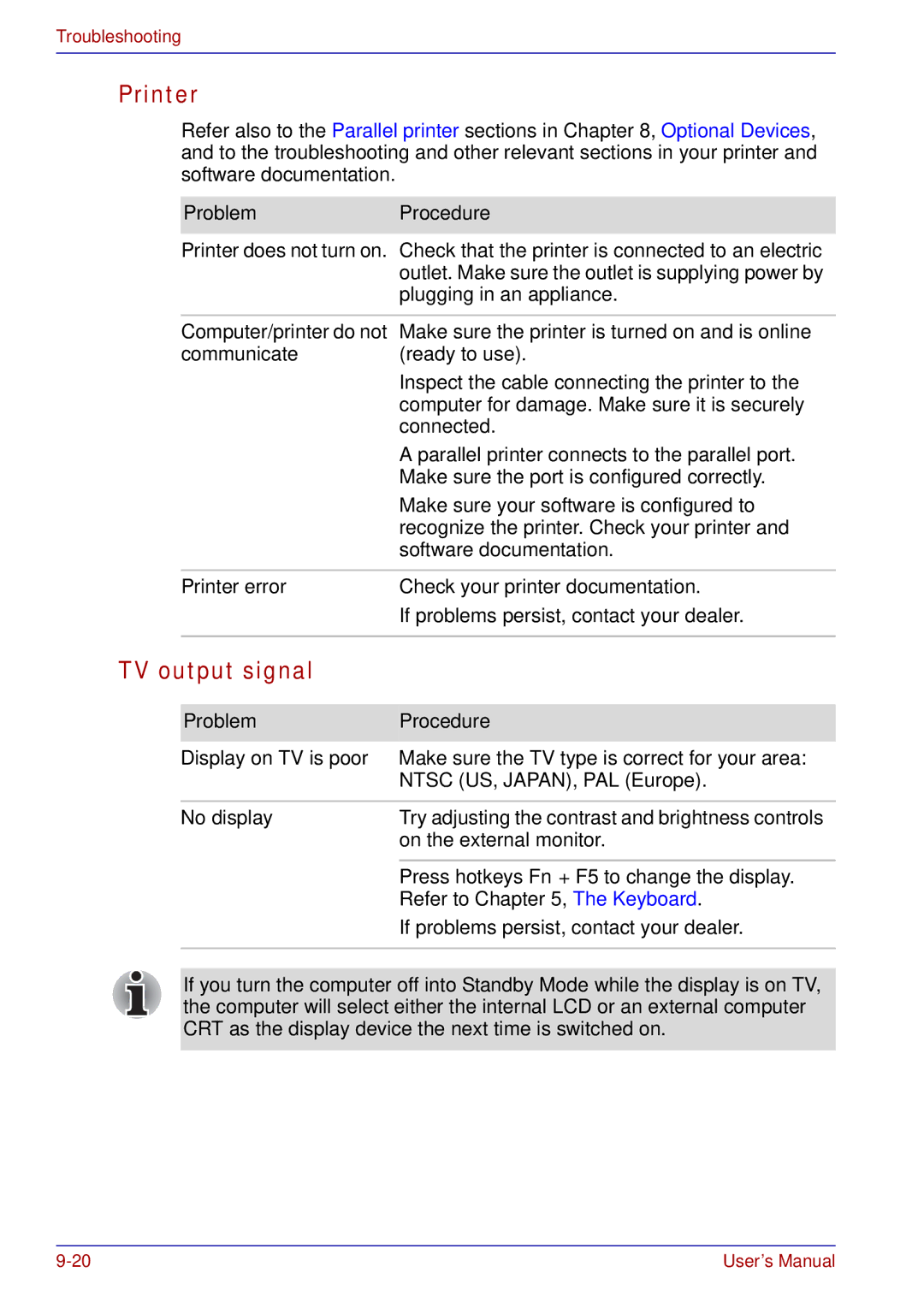 Toshiba tecra s3 manual Printer, TV output signal 